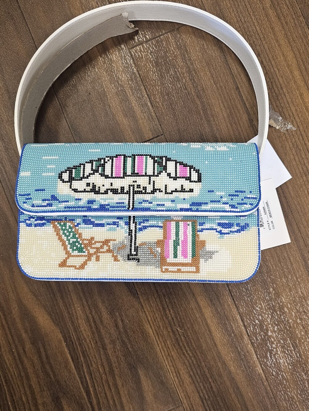 Beach Scene Beaded Shoulder Bag - Pink, Blue, White